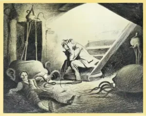Corrêa illustration of unnamed narrator and curate hiding from Martians