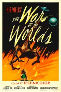 Vintage 1953 War of the Worlds poster with alien claw descending over fleeing couple and fiery background