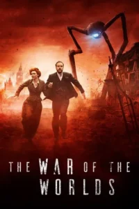 Poster for 2019 BBC War of the Worlds series with a couple fleeing a tripod in a fiery Victorian London backdrop