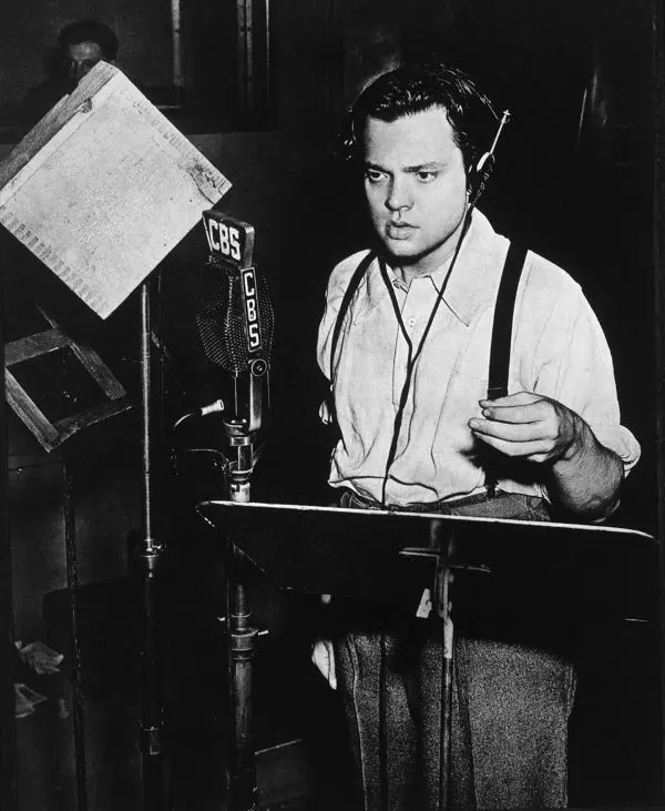 Orson Welles in CBS radio studio during War of the Worlds broadcast rehearsal, 1938
