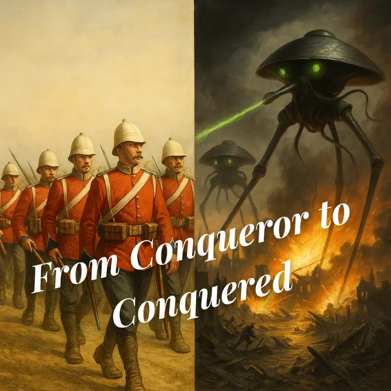 British redcoats on one side and alien tripods on the other, illustrating the reversal of power explored in H.G. Wells’ The War of the Worlds