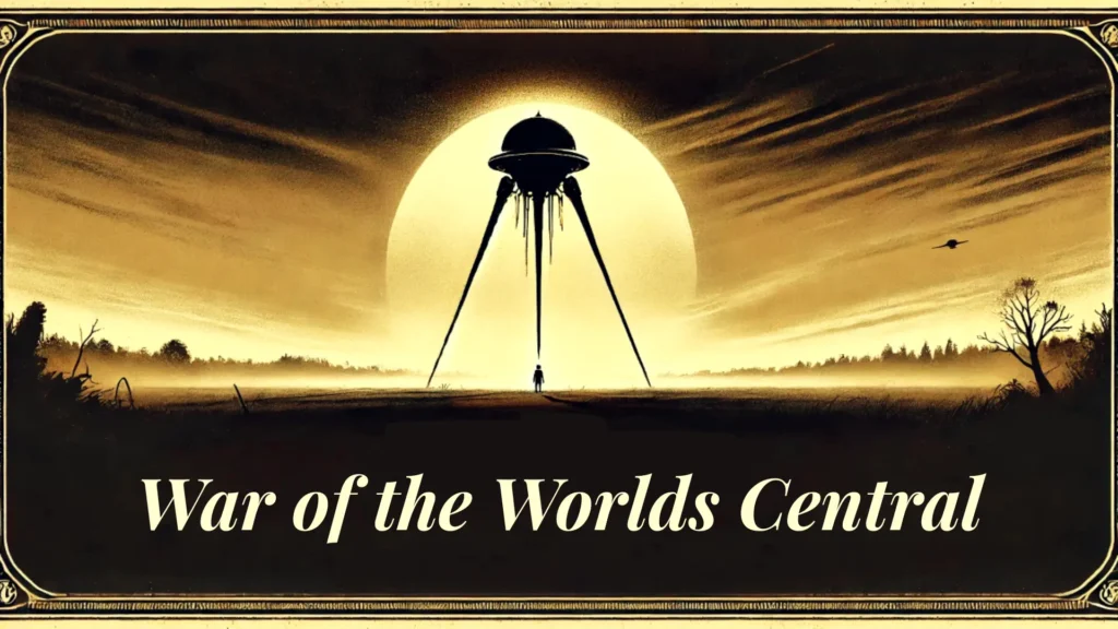 Illustration of a towering Martian tripod against the setting sun with the text War of the Worlds Central.